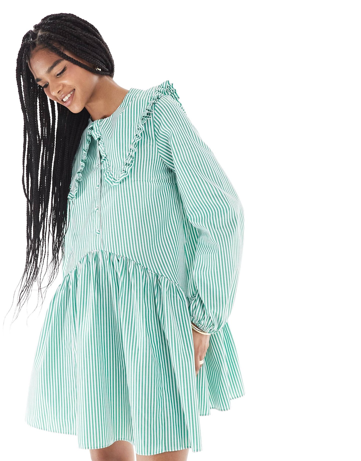 Miss Selfridge stripe oversized collar smock dress in green stripe