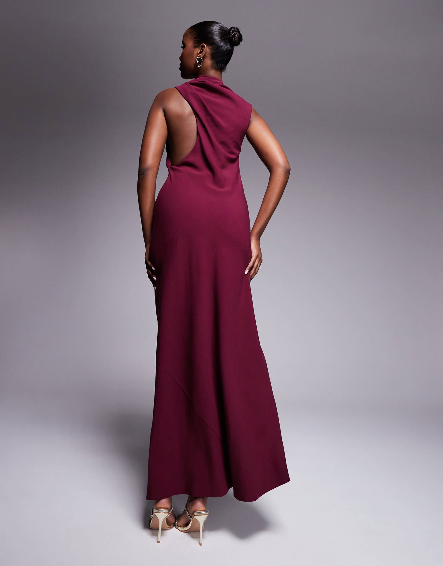 ASOS DESIGN satin asymmetric neck side bust maxi dress in burgundy