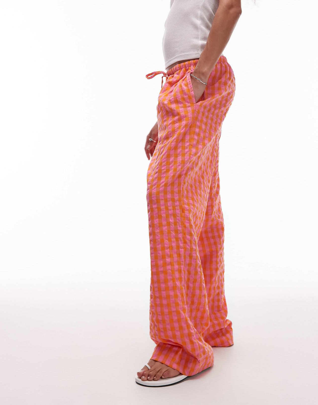 Topshop pull on orange check trouser in orange