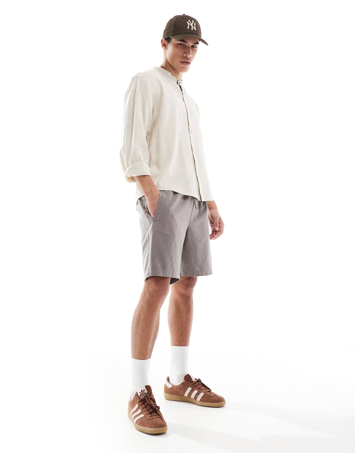 Pull&Bear linen rich long sleeve textured grandad shirt in beige