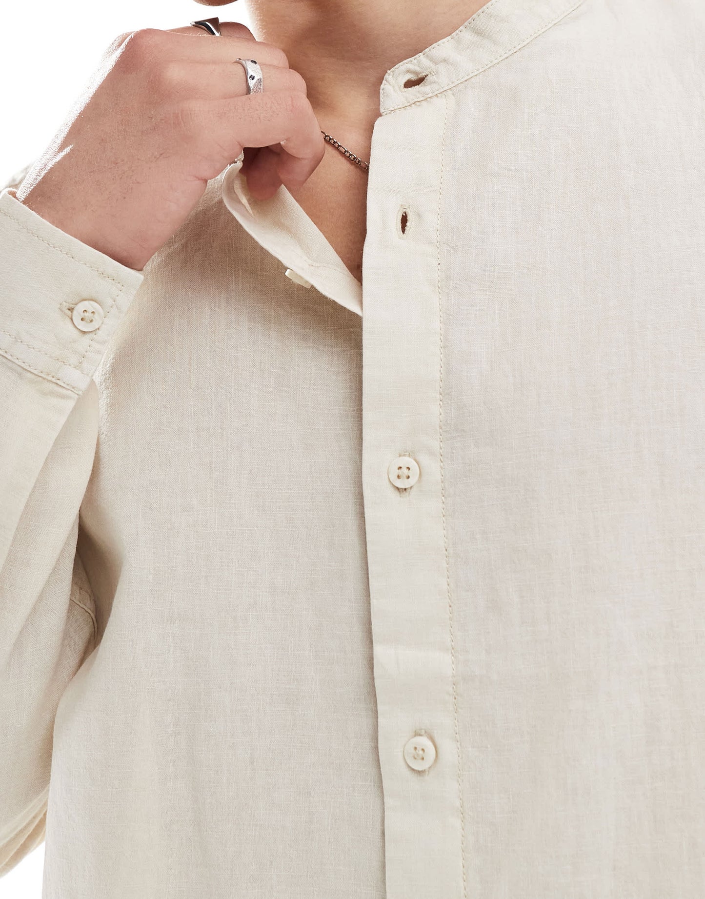 Pull&Bear linen rich long sleeve textured grandad shirt in beige