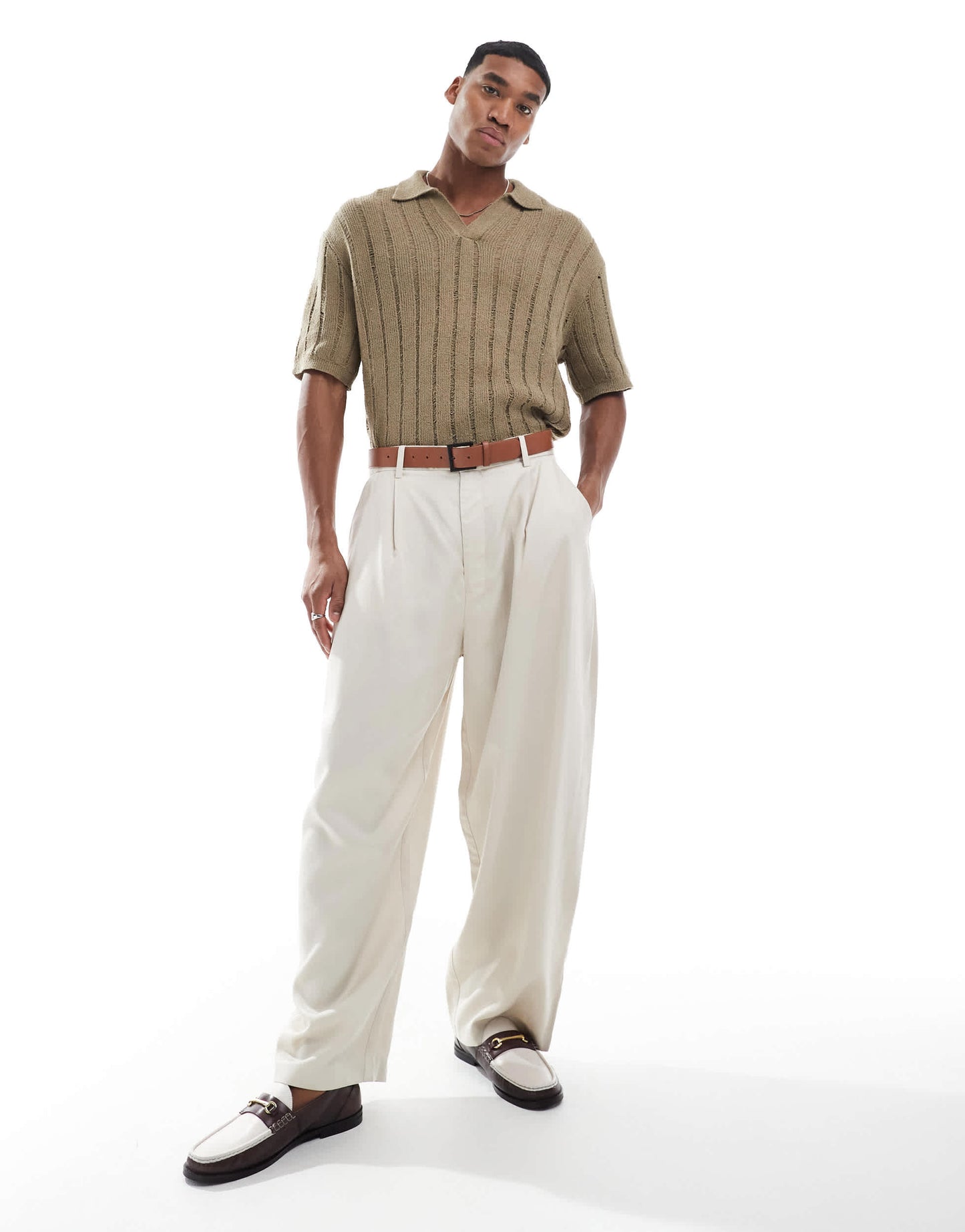 Pull&Bear knitted polo in camel