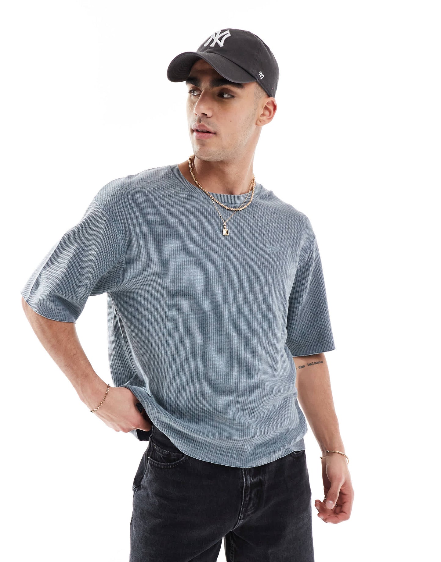 Pull&Bear knitted washed t-shirt in blue