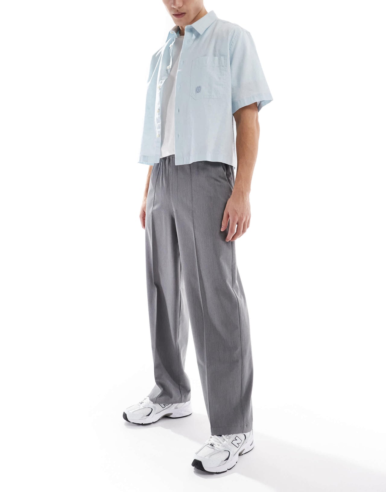 Pull&Bear wide leg tailored trouser in grey