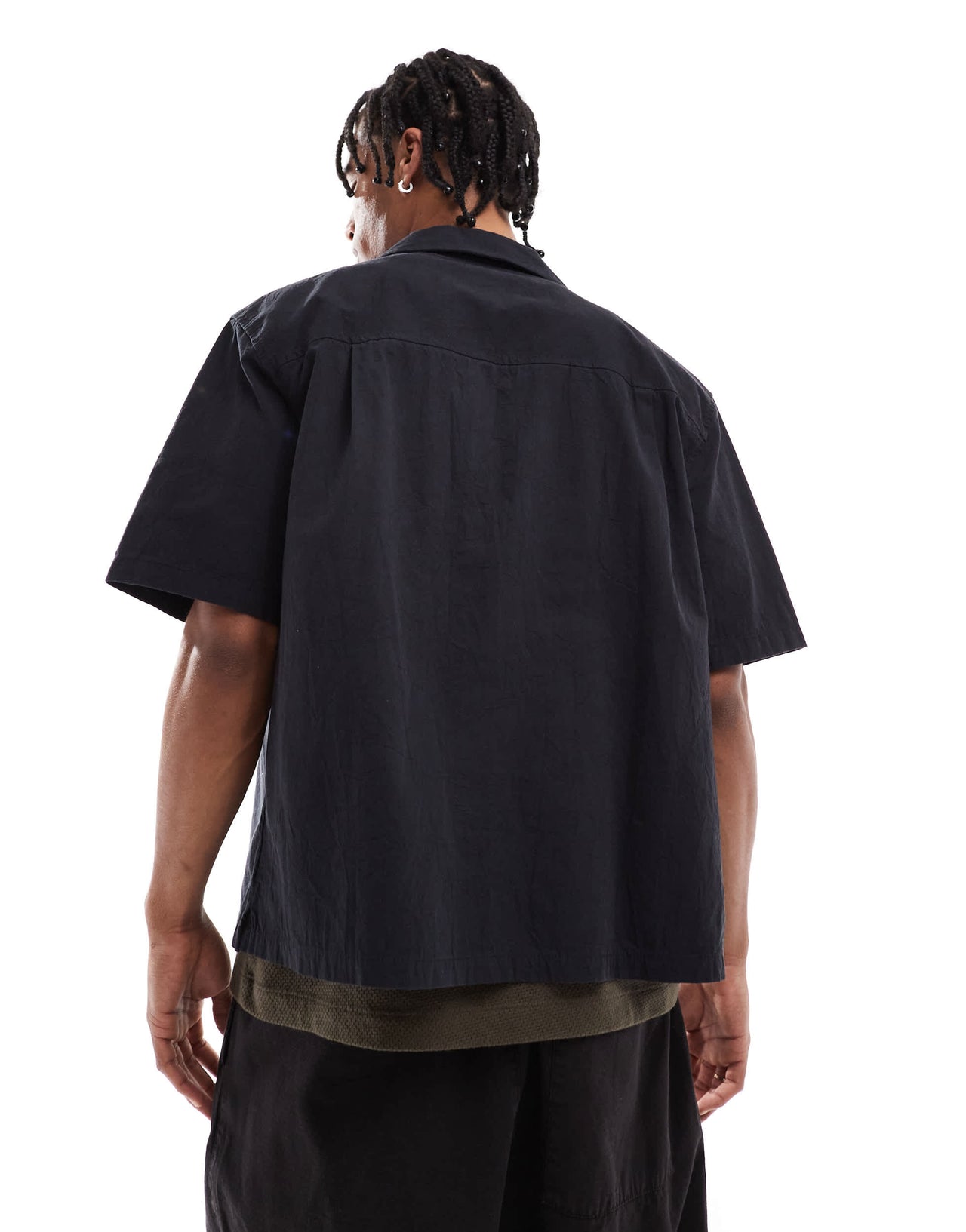 Pull&Bear crinkle textured revere collar shirt in black