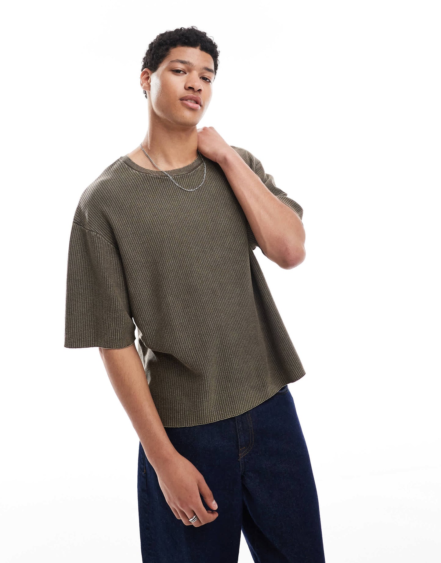 Pull&Bear knitted washed t-shirt in khaki