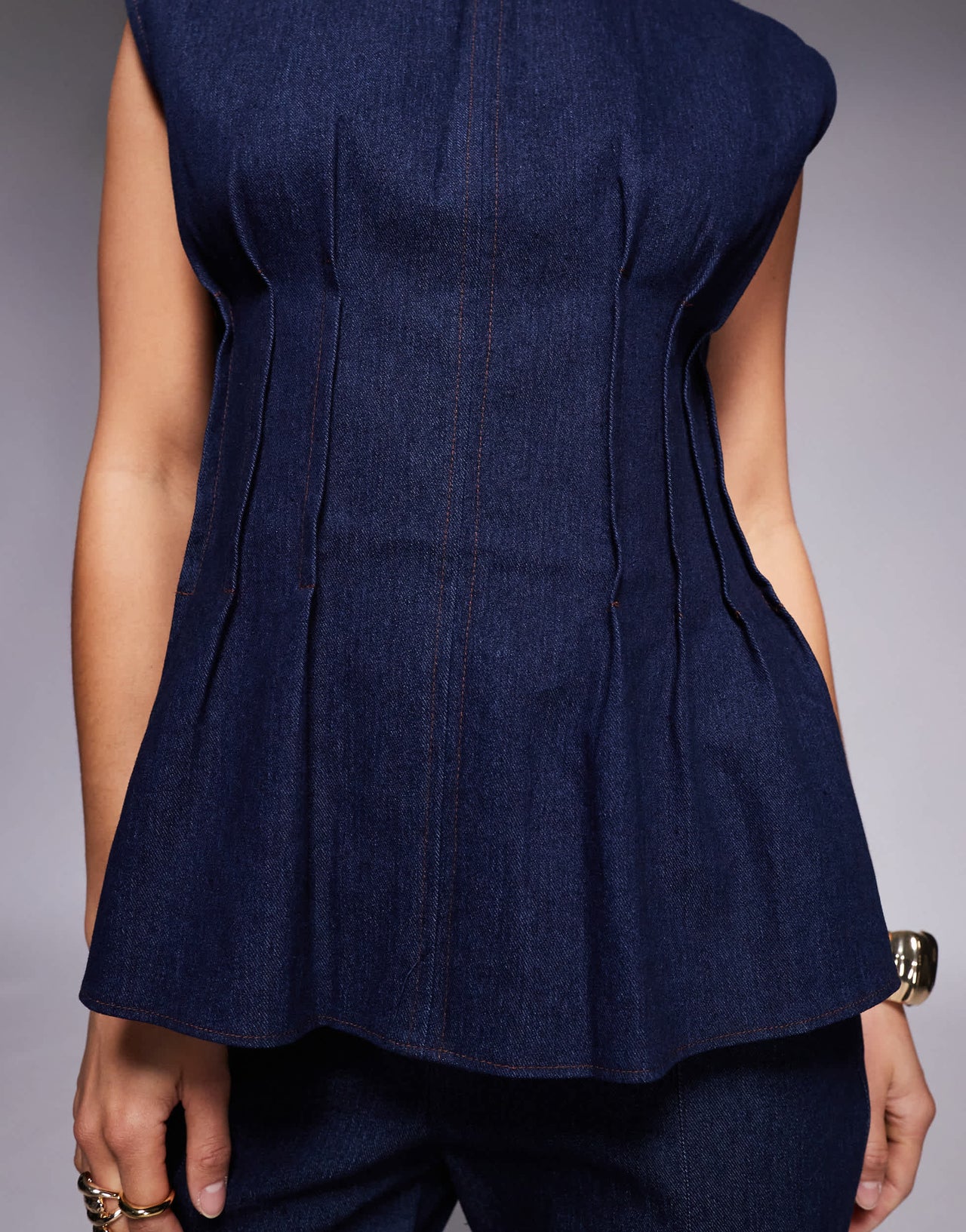 River Island Petite pintuck denim poplin top co-ord in darkwash blue