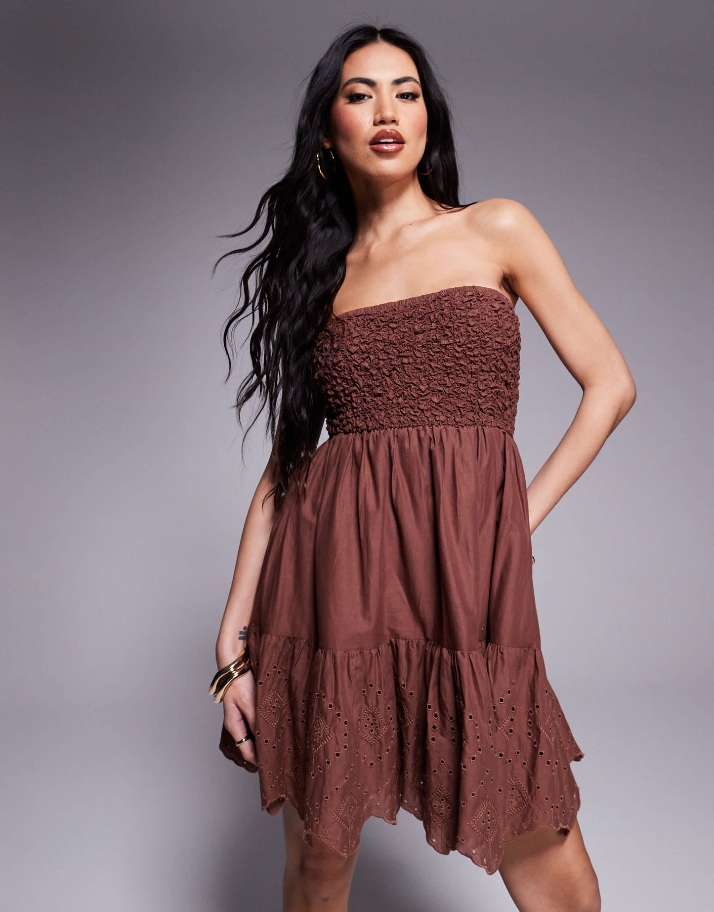 River Island shirred bandeau mini dress in brown