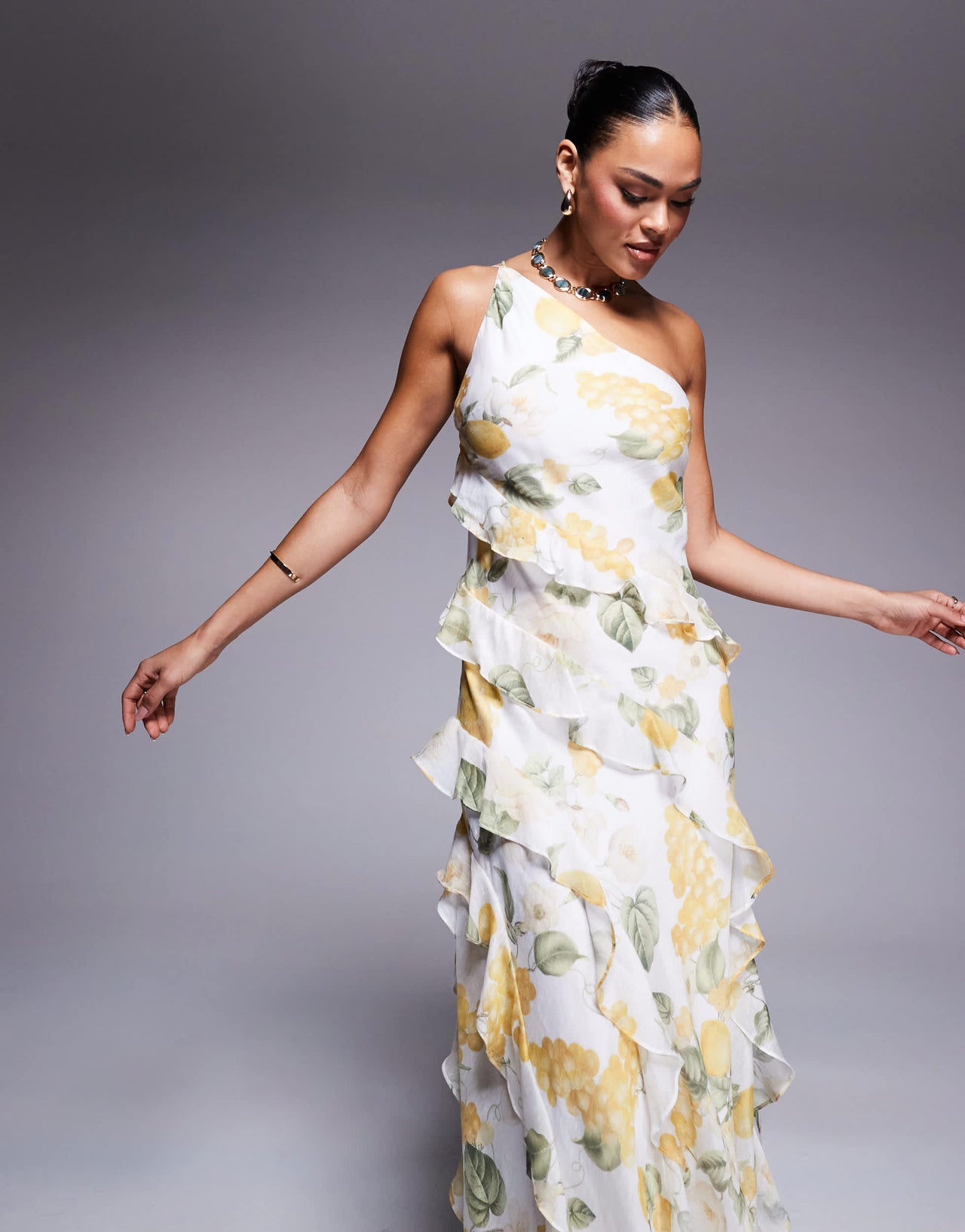 Forever New one shoulder ruffle maxi dress in yellow floral