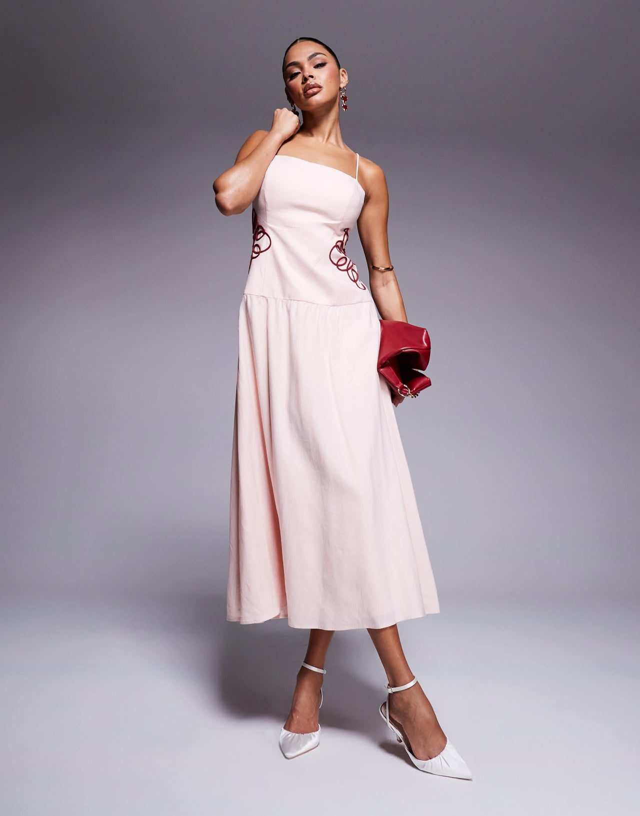 Forever New drop hem embroidered waist maxi dress in powder pink