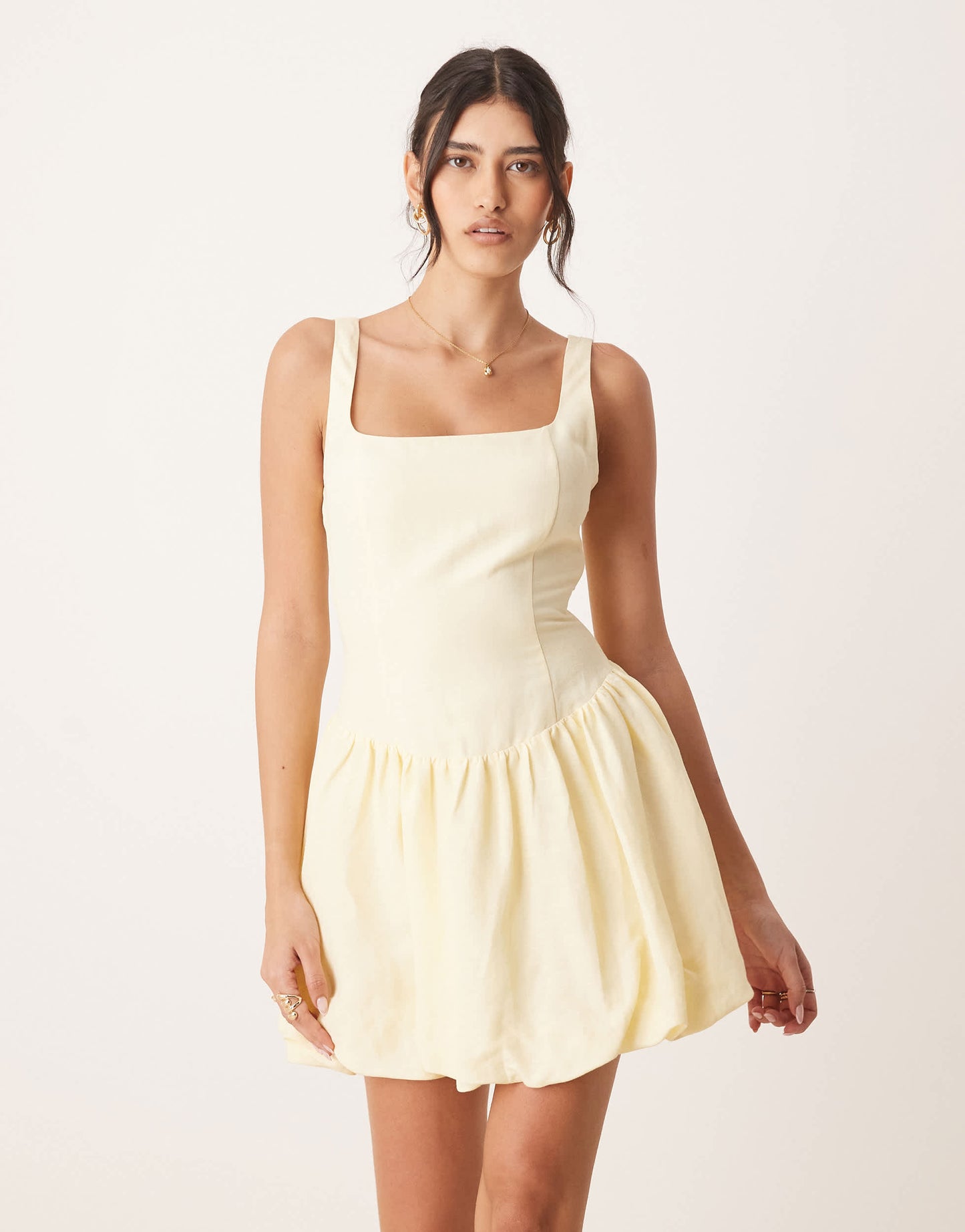 Forever New square neck bubble hem mini dress in lemon