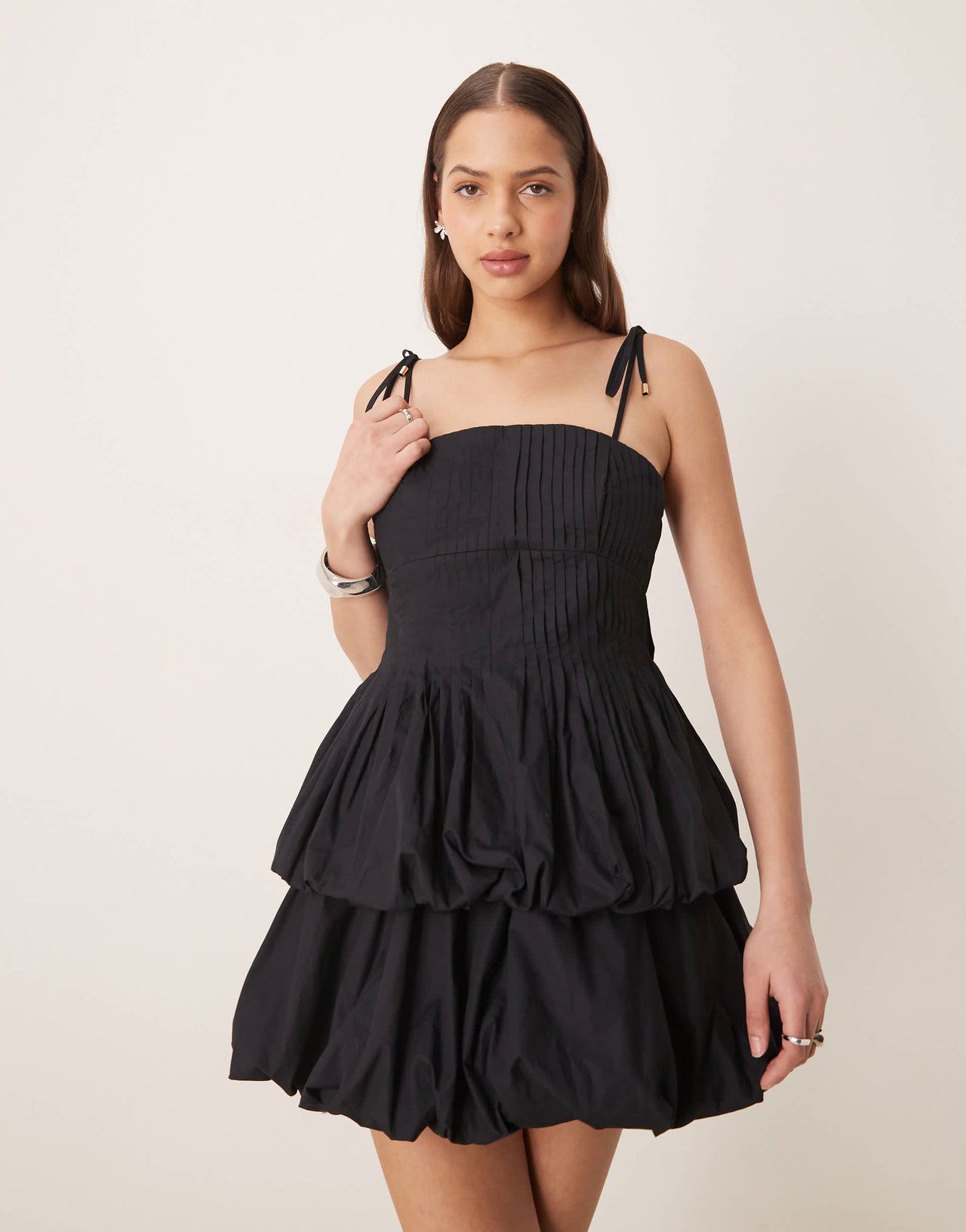 Forever New tie shoulder double bubble hem mini dress in black