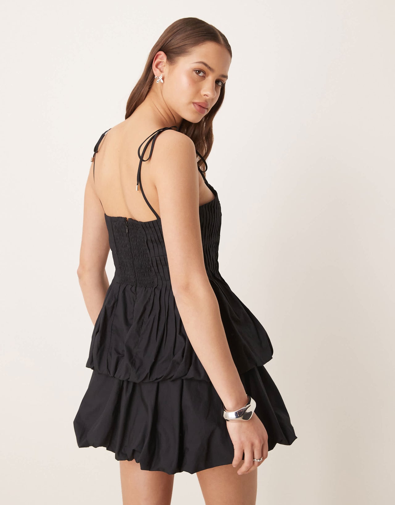 Forever New tie shoulder double bubble hem mini dress in black