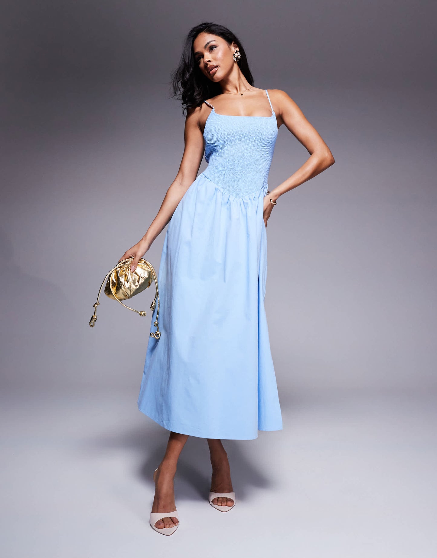 Forever New shirred drop hem midaxi dress in blue