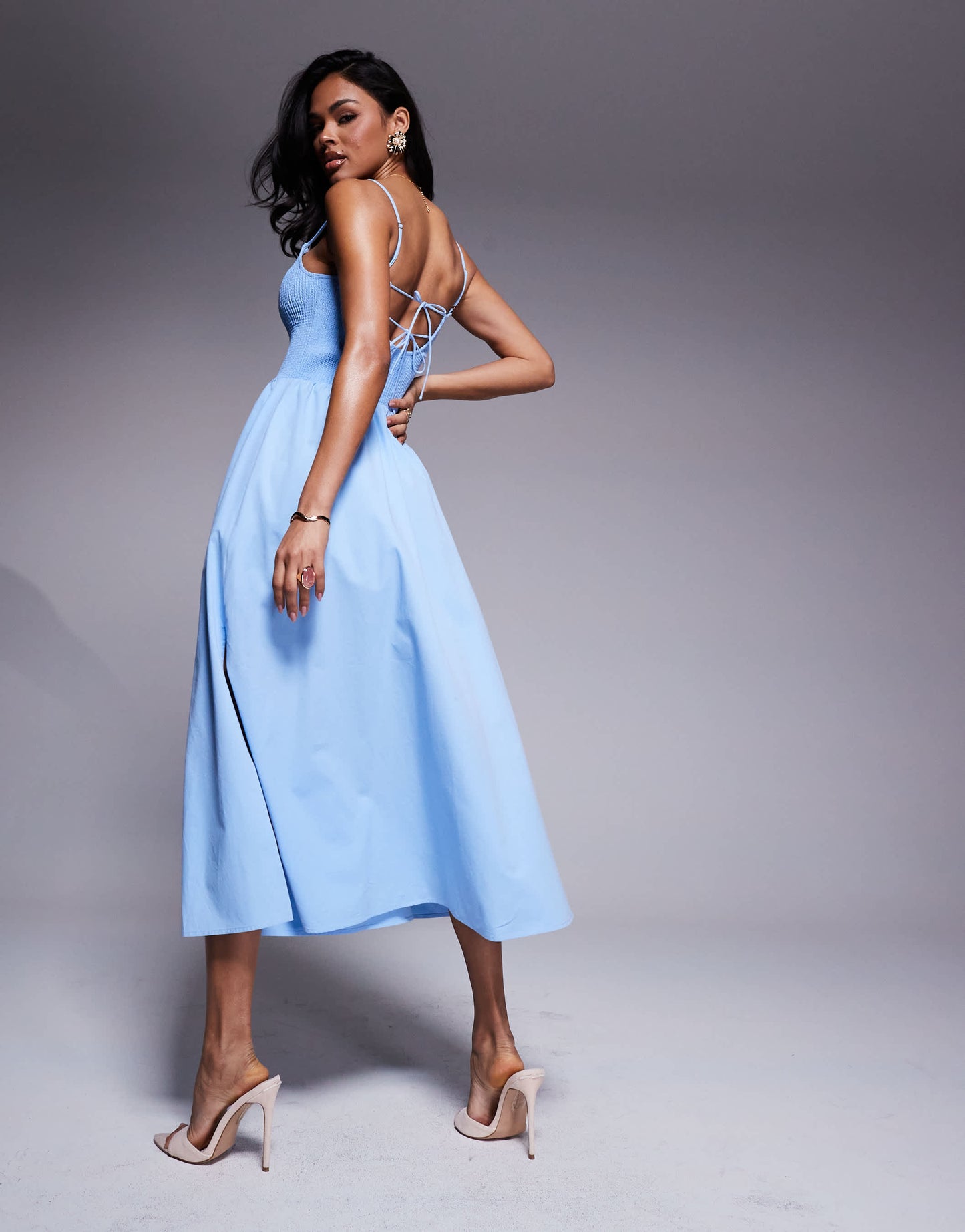 Forever New shirred drop hem midaxi dress in blue