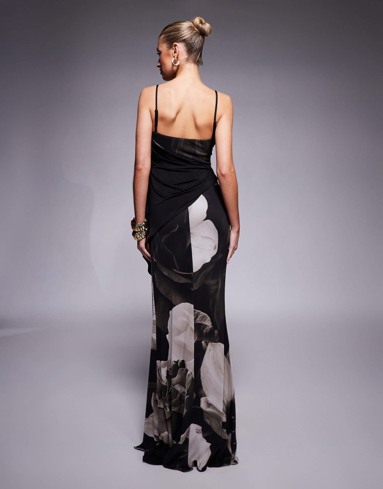 ASOS DESIGN asymmetric neckline maxi dress with spliced drape detailing in oversized floral print