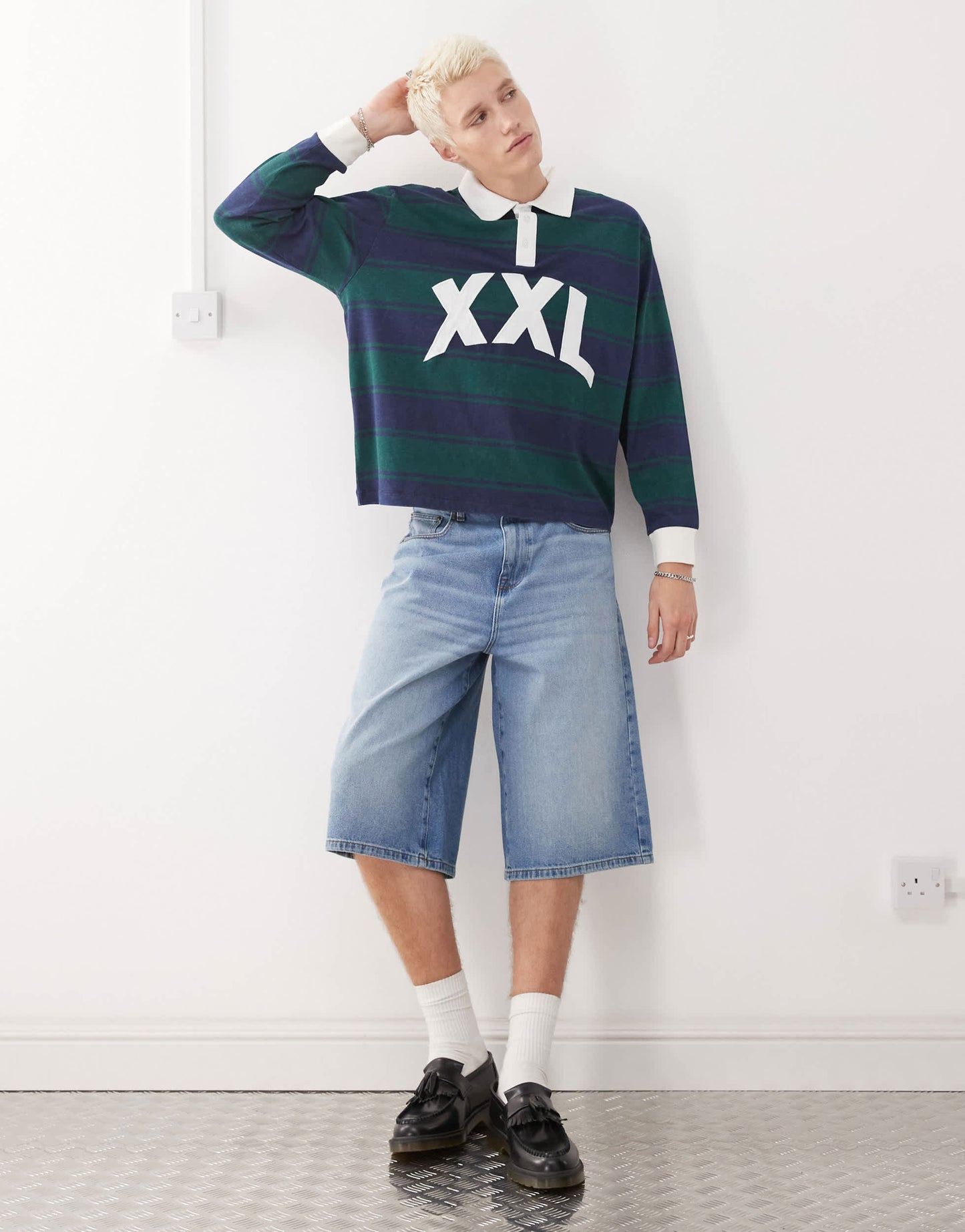COLLUSION long sleeve XXL embroidered stripe polo in multi