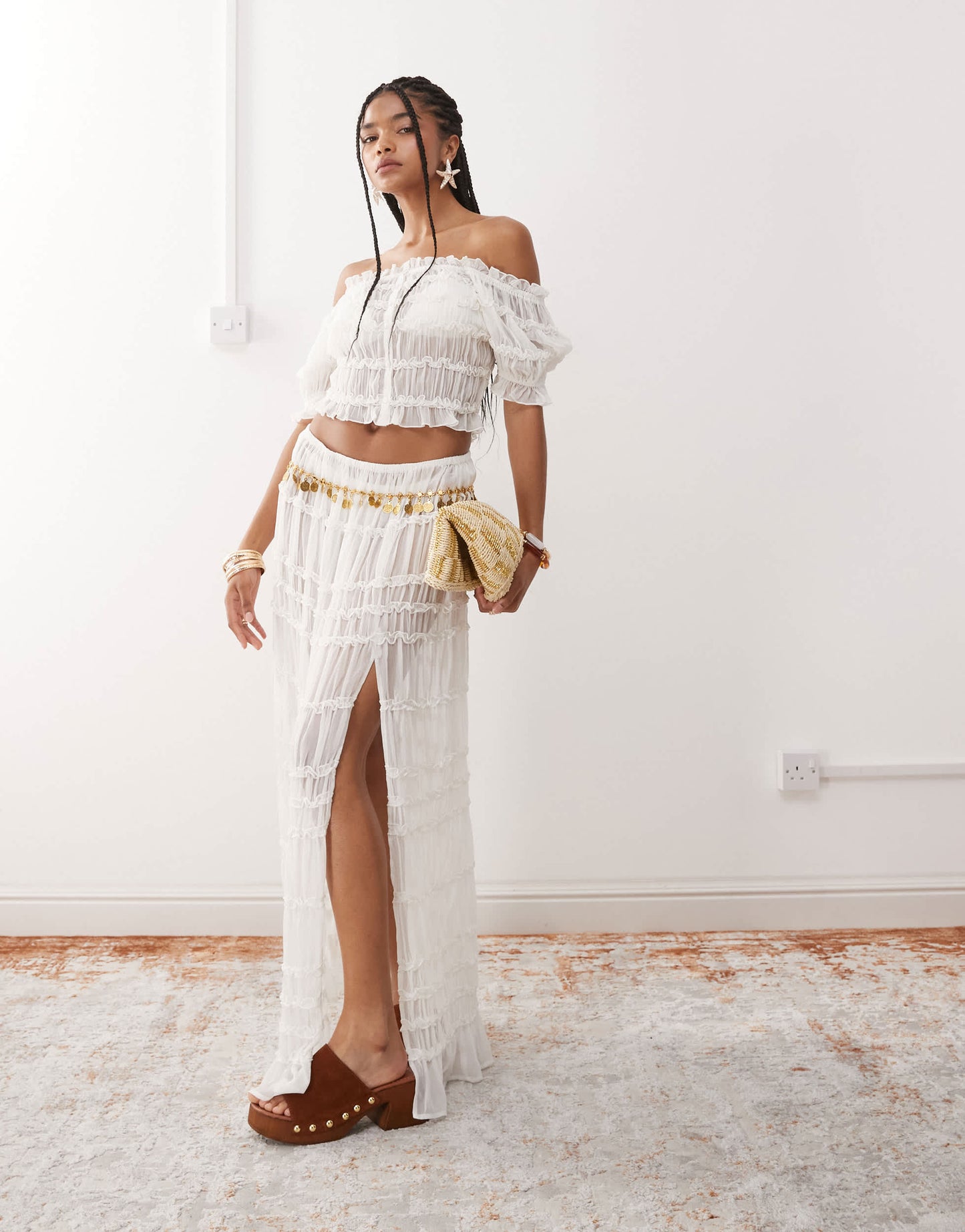 Miss Selfridge beach sheer shirred maxi skirt in cream