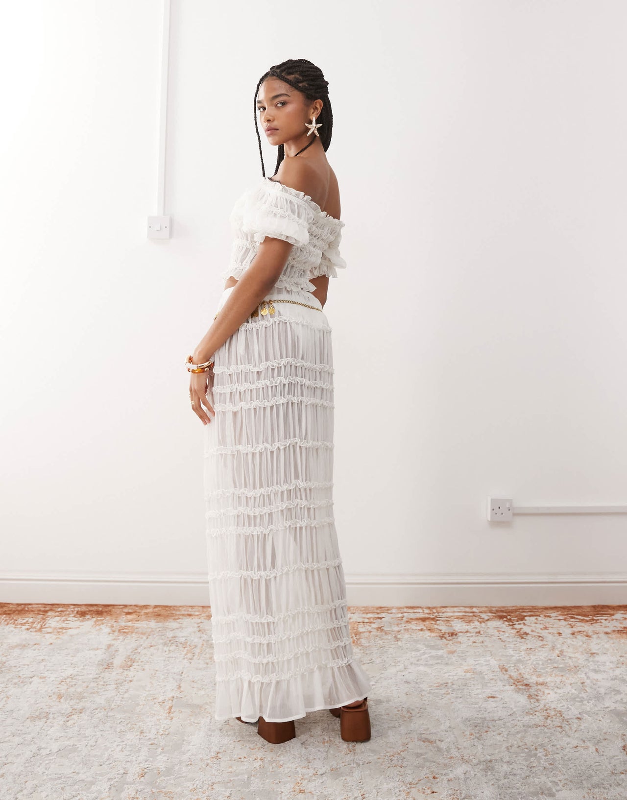 Miss Selfridge beach sheer shirred maxi skirt in cream