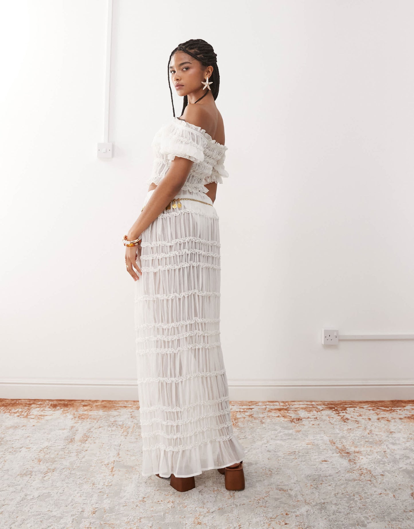 Miss Selfridge beach sheer shirred maxi skirt in cream