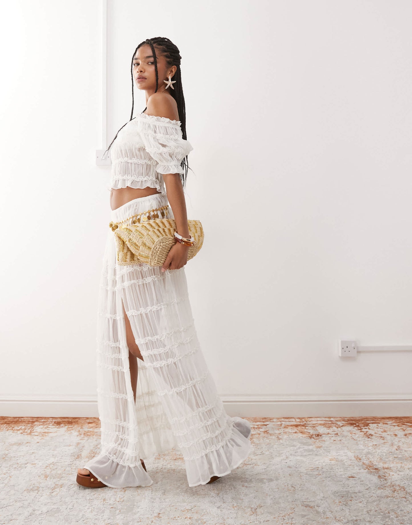 Miss Selfridge beach sheer shirred maxi skirt in cream