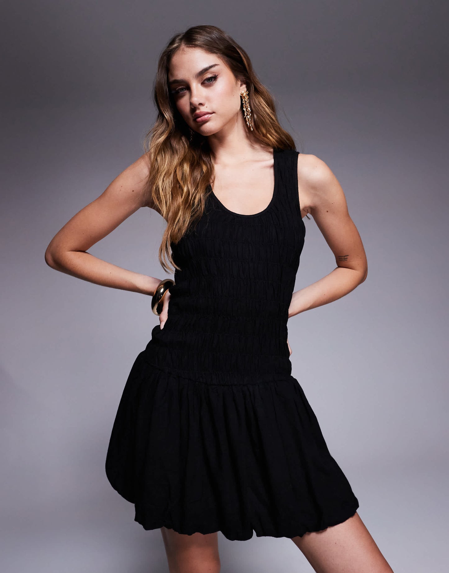 River Island puffball linen mini dress in black