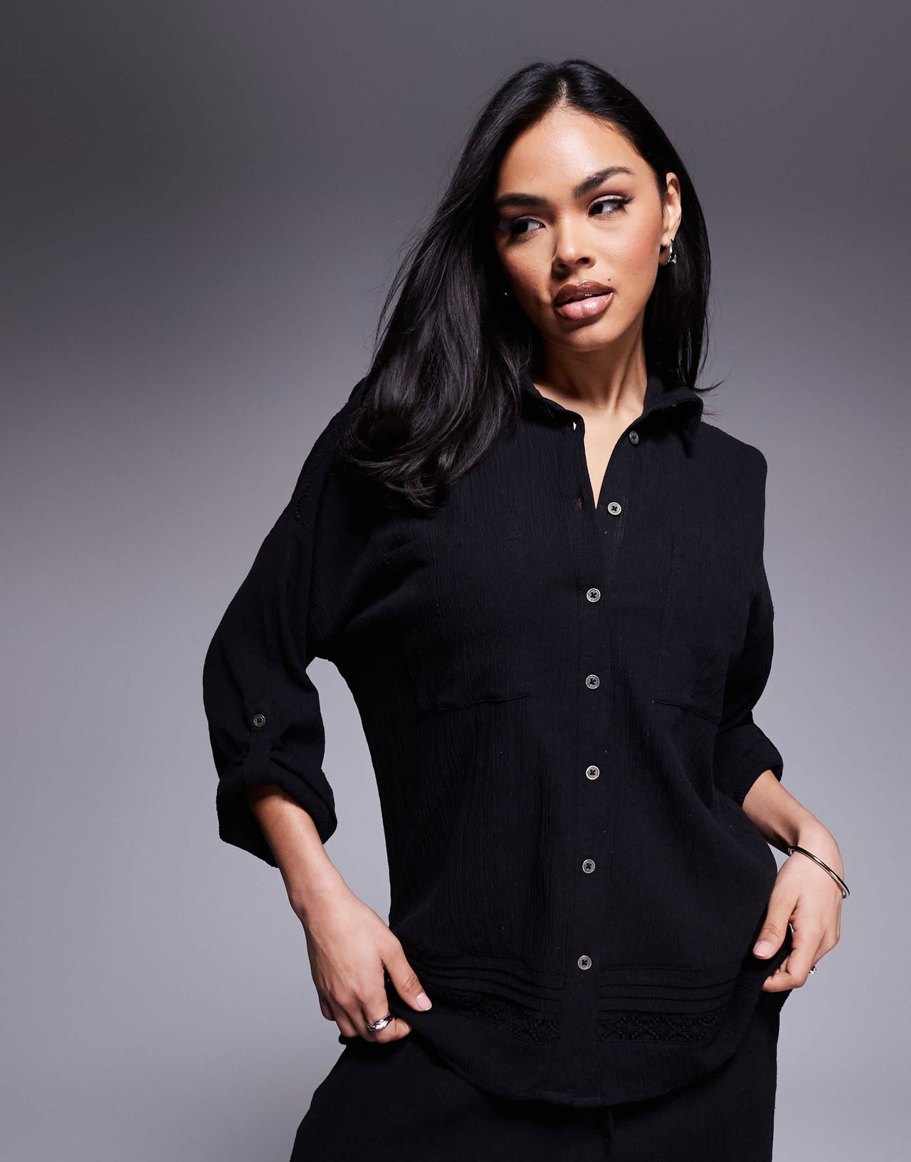 River Island crinkle shirt co-ord in black