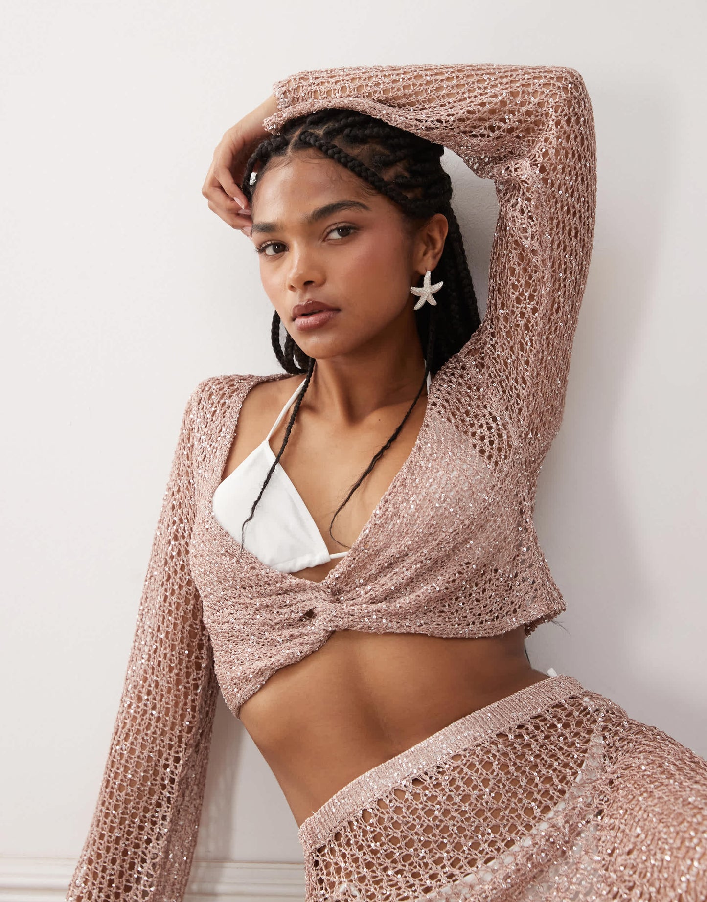 Miss Selfridge beach sequin crochet twist detail long sleeve top in dusty pink