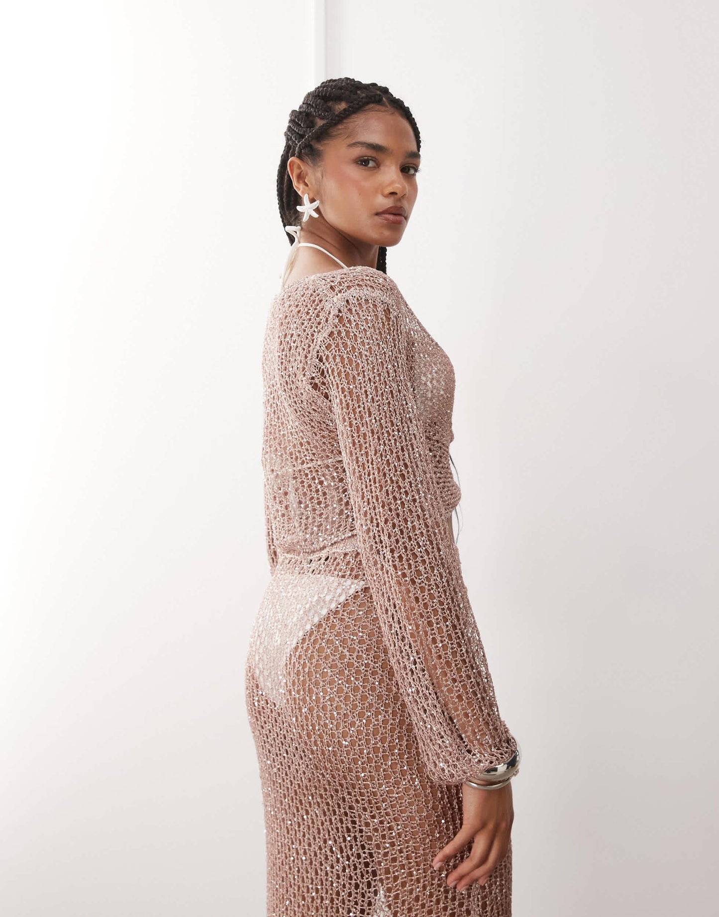 Miss Selfridge beach sequin crochet twist detail long sleeve top in dusty pink