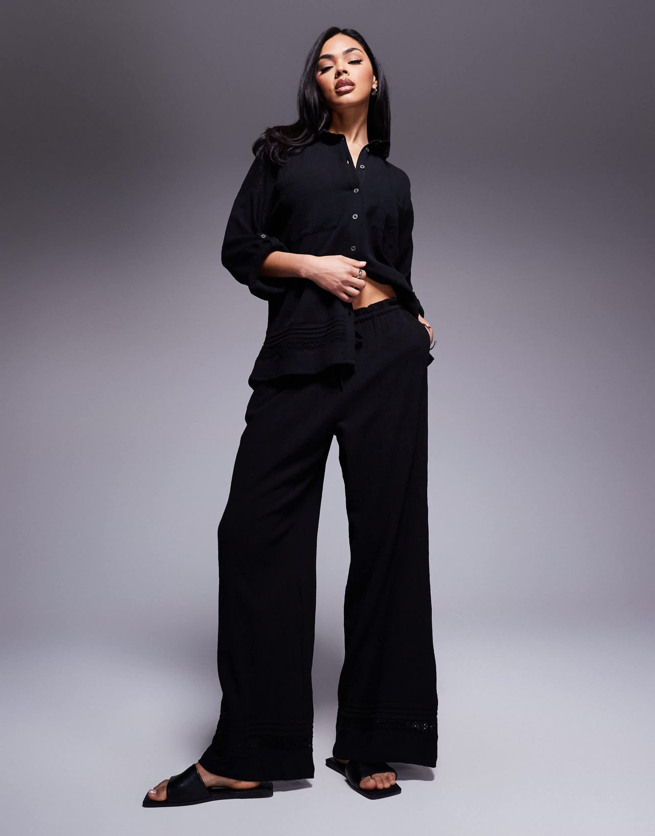River Island crinkle wide leg trouser co-ord in black