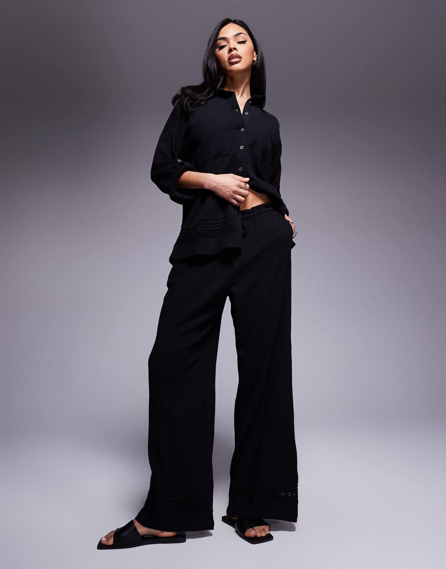 River Island crinkle wide leg trouser co-ord in black