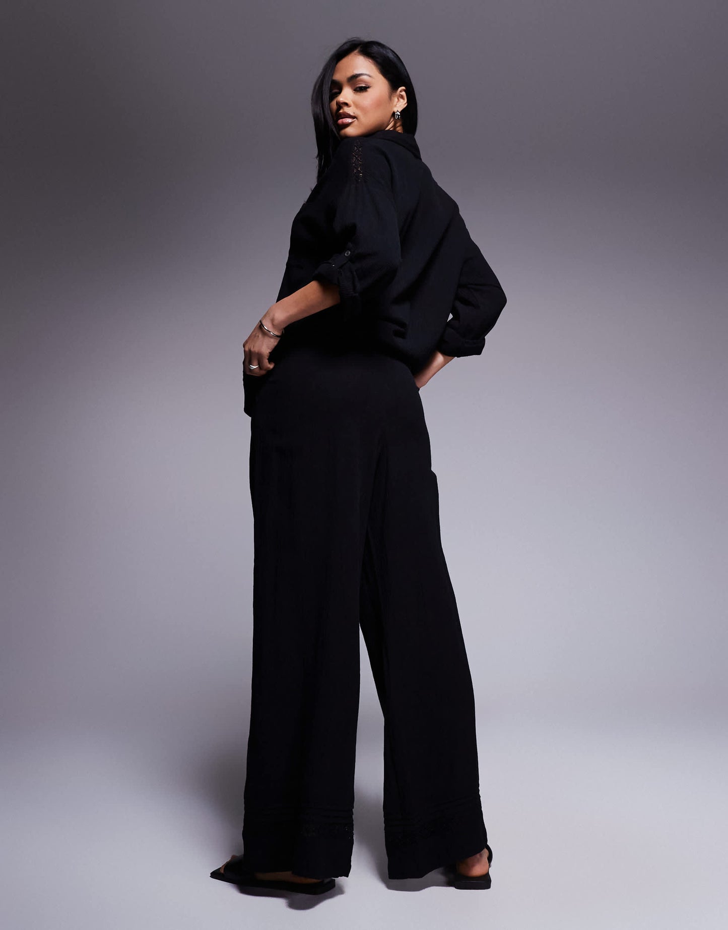 River Island crinkle wide leg trouser co-ord in black