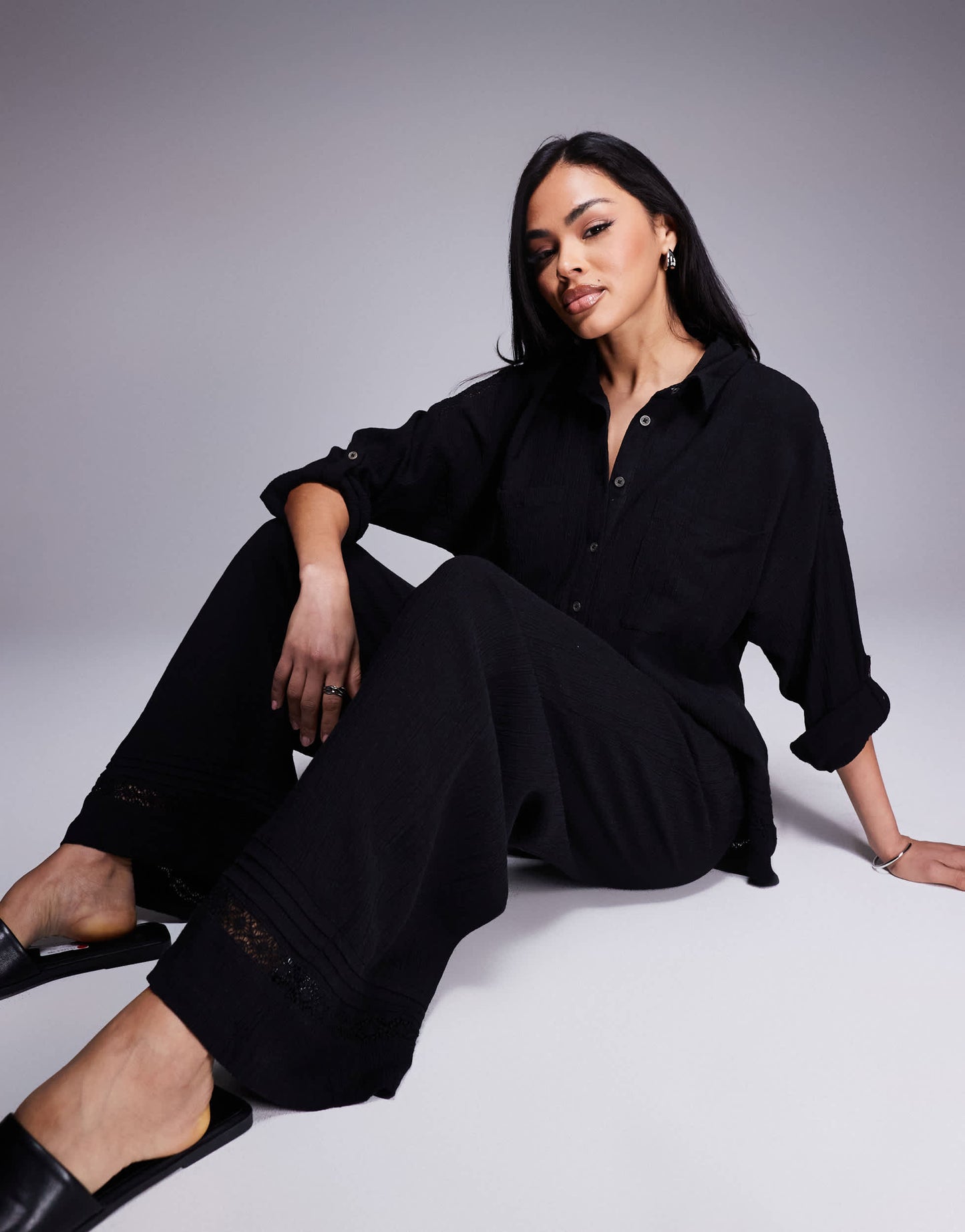 River Island crinkle wide leg trouser co-ord in black