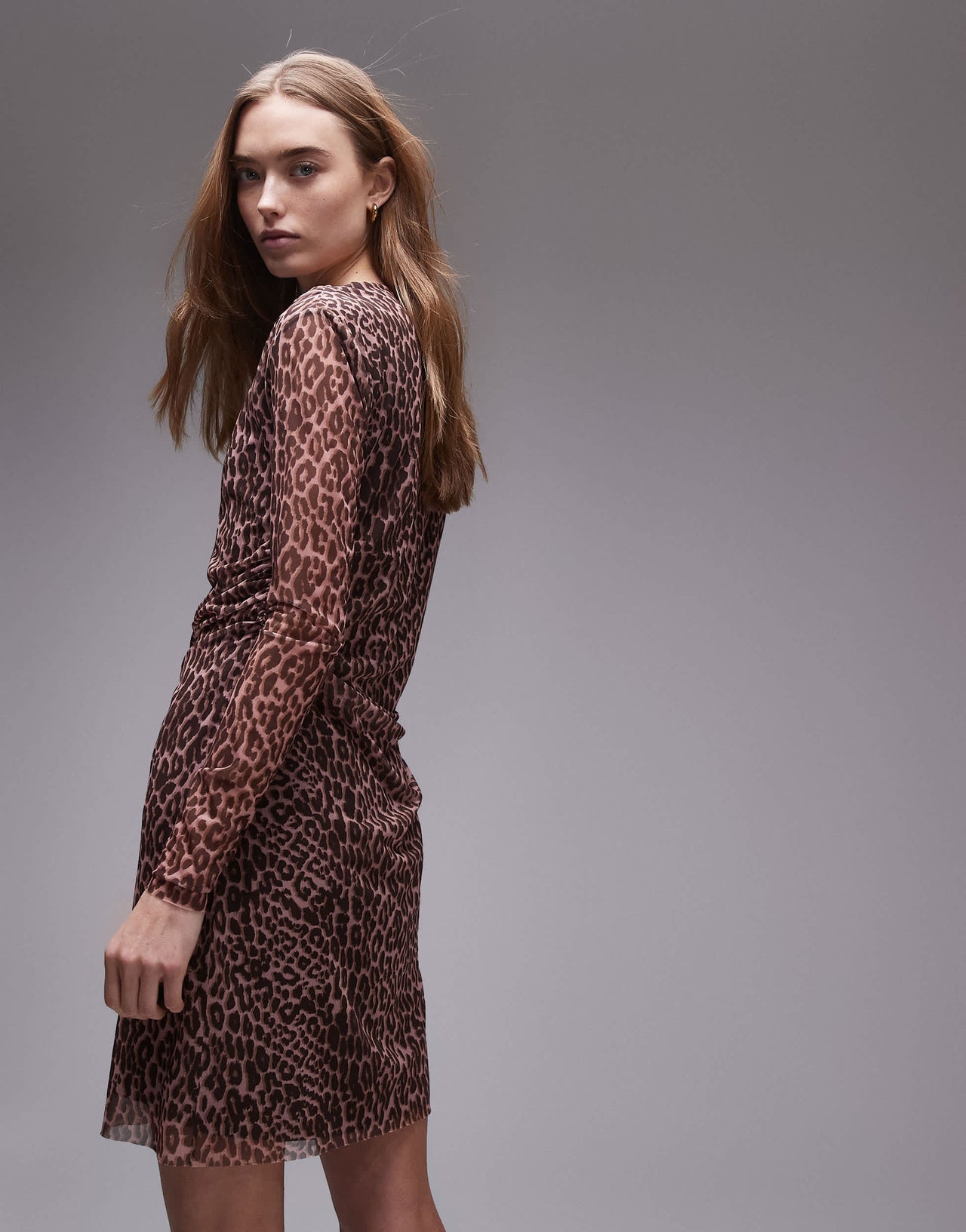 & Other Stories long sleeve mini mesh dress with drape detail in print