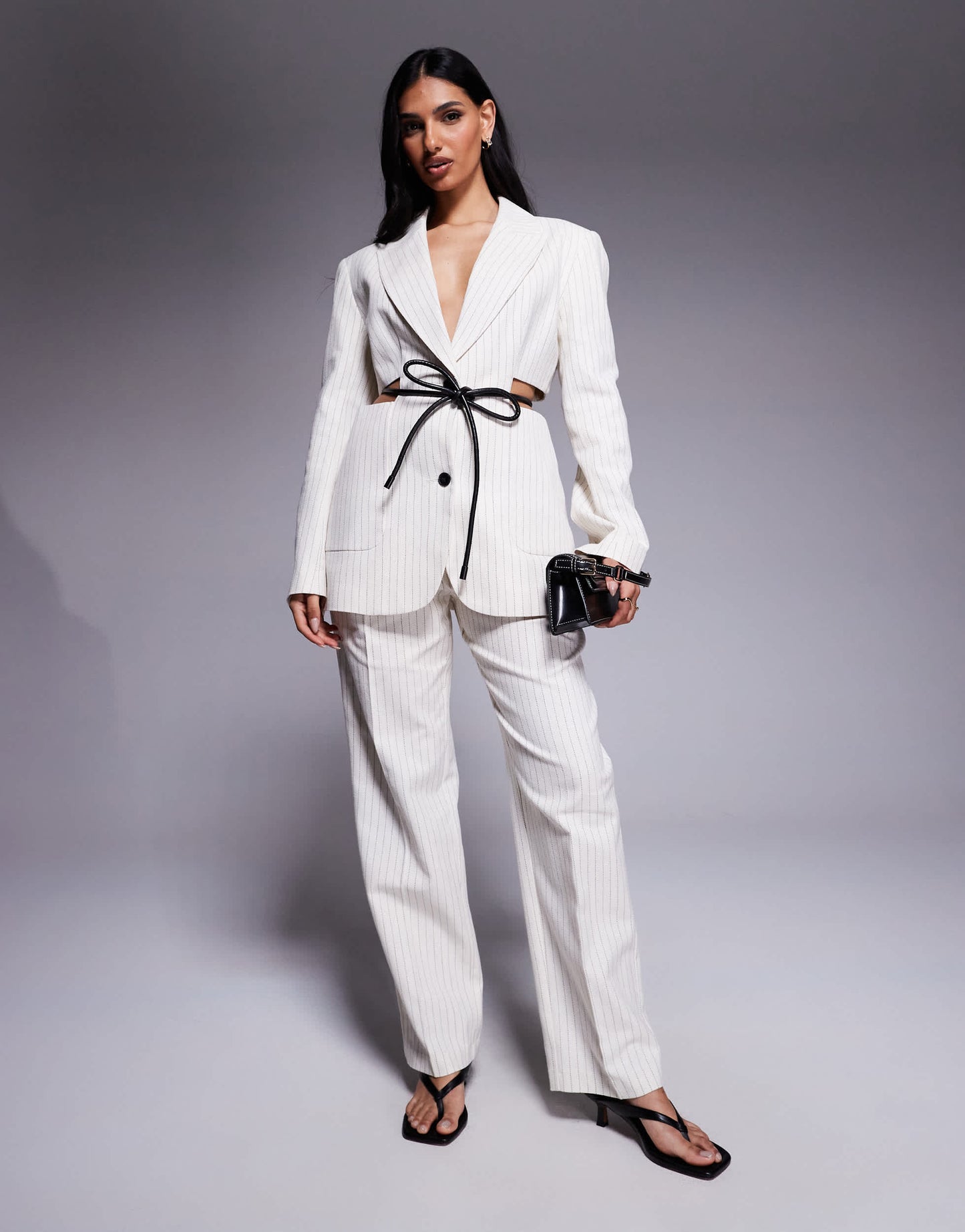 ASOS DESIGN tailored straight leg trousers co-ord with pleat detail in cream stripe