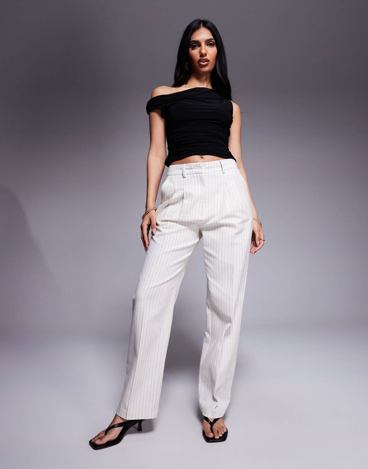 ASOS DESIGN tailored straight leg trousers co-ord with pleat detail in cream stripe