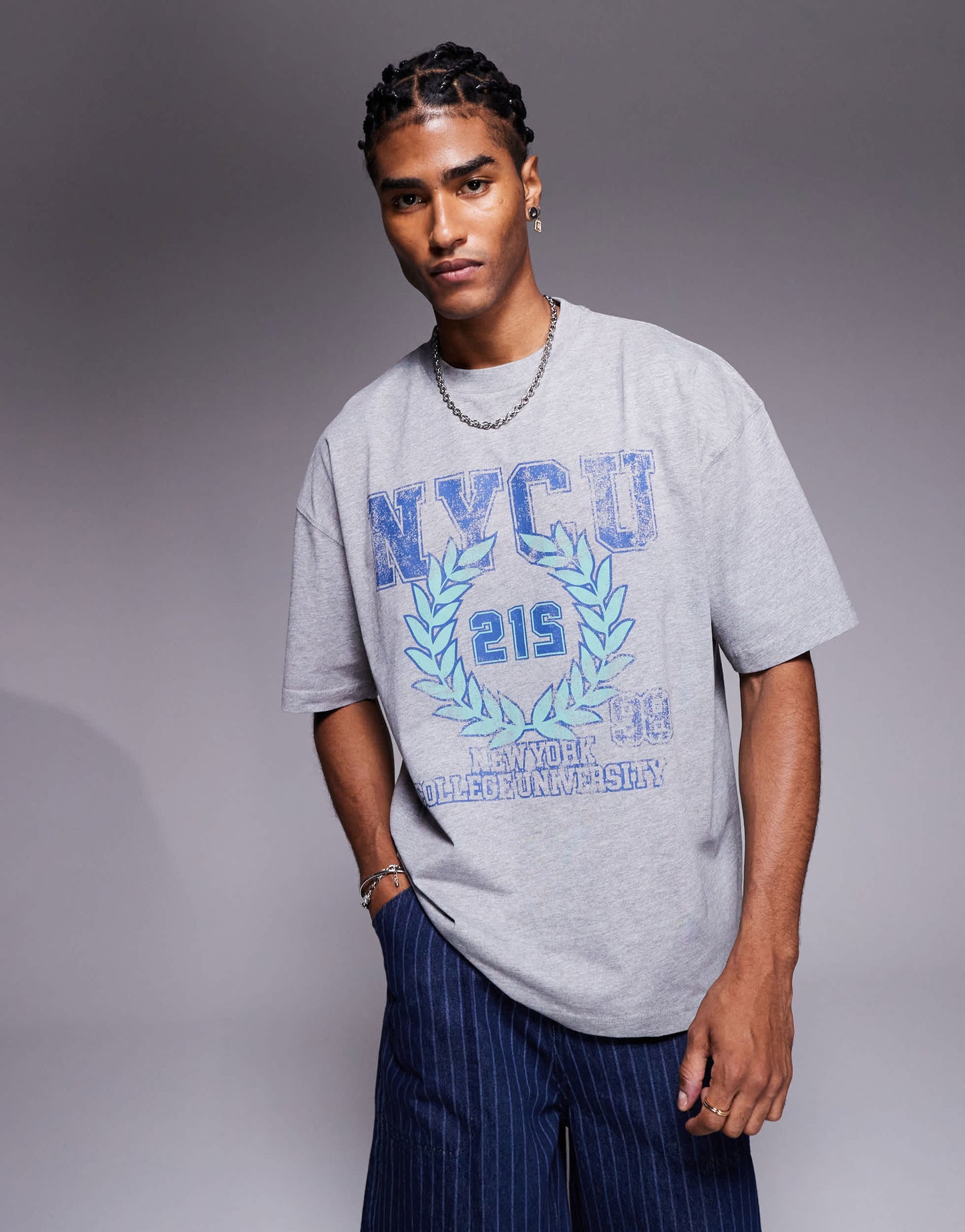 ASOS DESIGN oversized t-shirt with varsity graphic in white marl