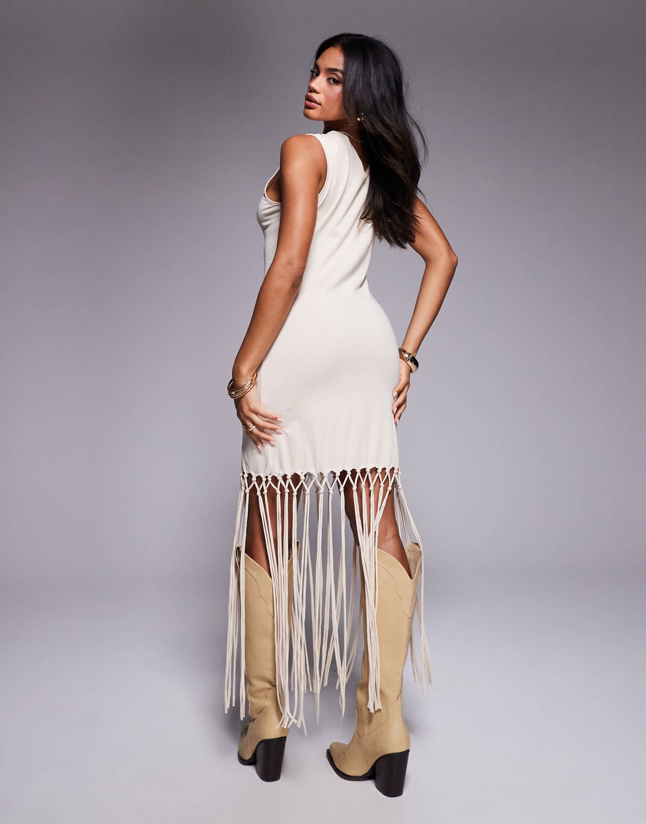ASOS DESIGN sleeveless macrame fringe hem detail midi dress in stone