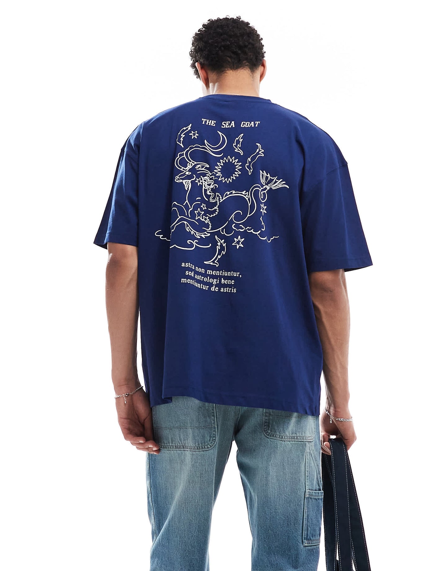 ASOS DESIGN oversized t-shirt with celestial graphic in navy