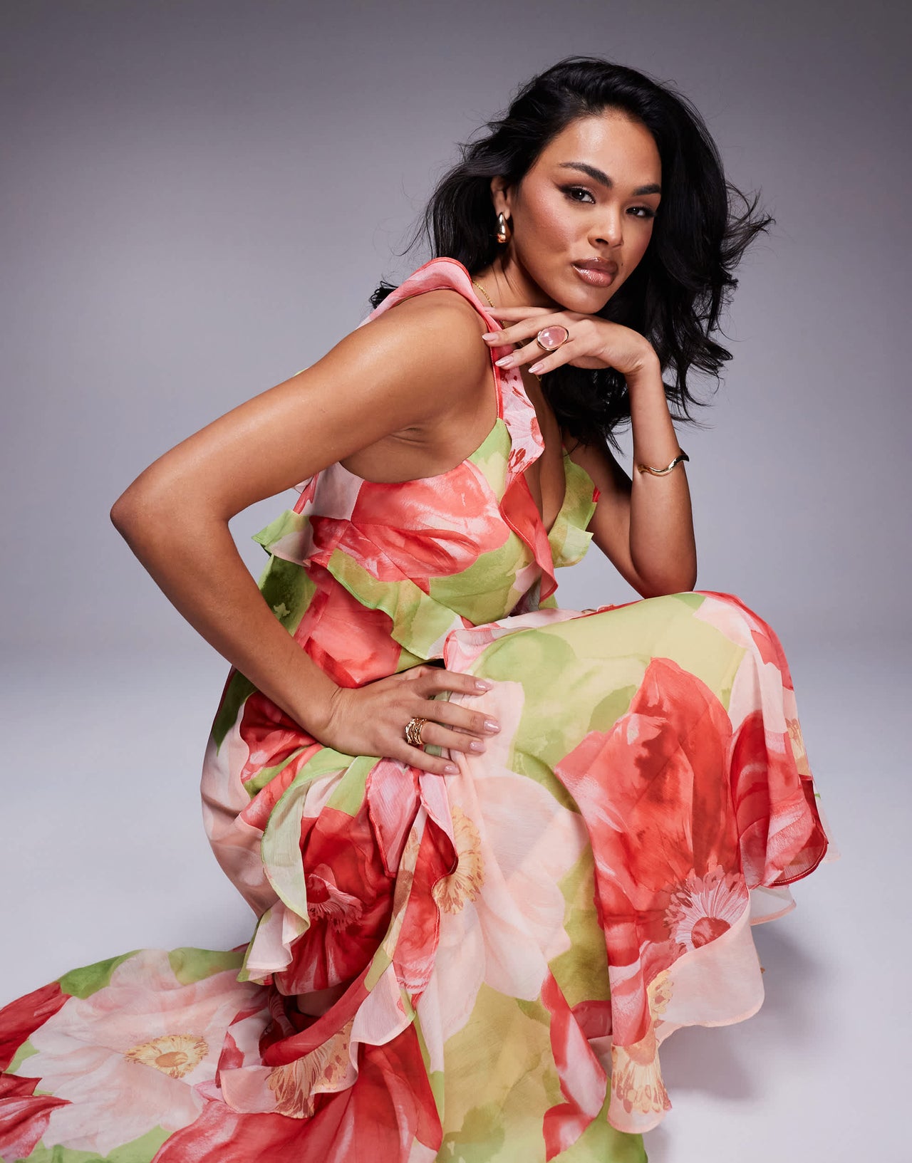 Ever New ruffle maxi dress in red and lime floral