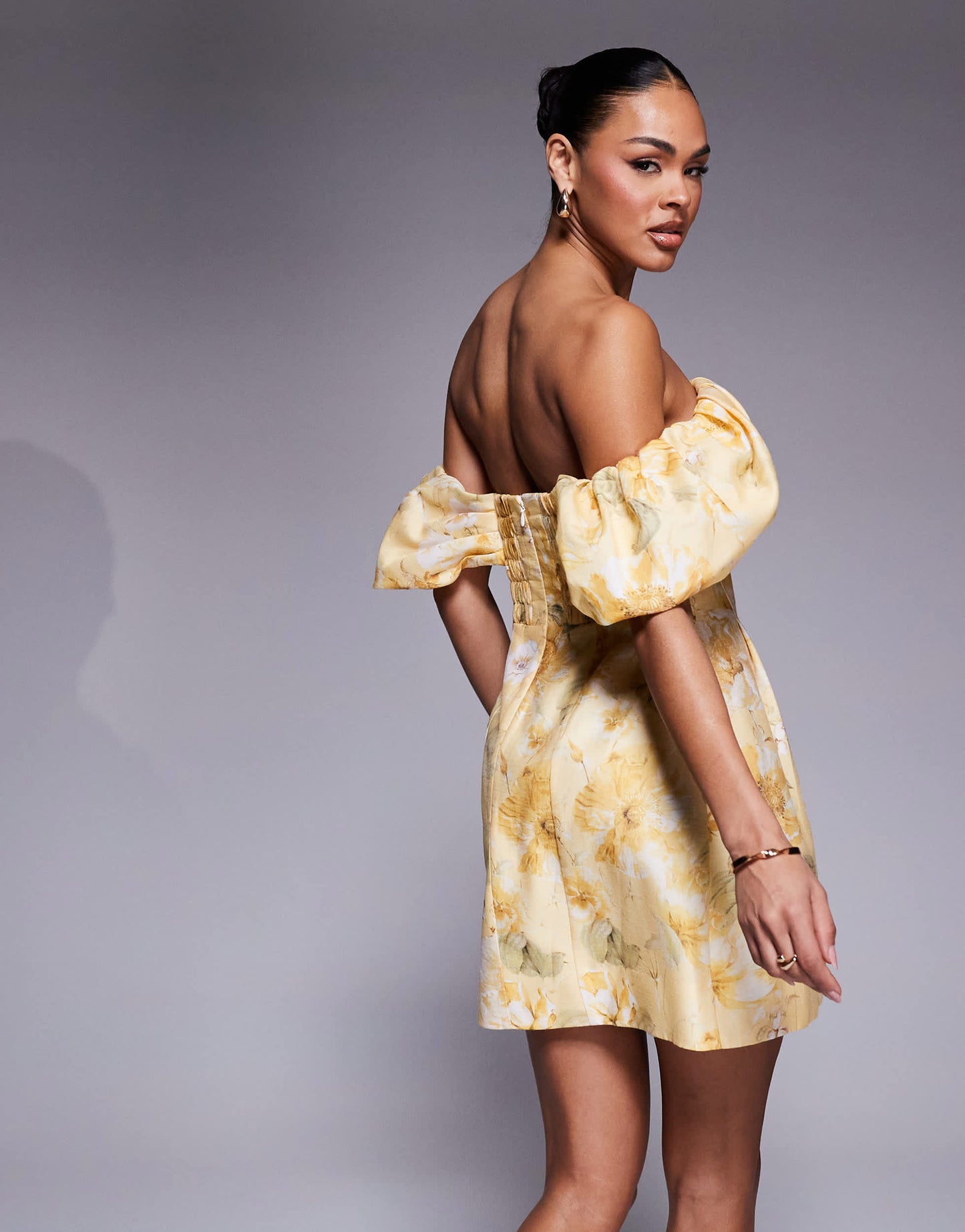 Ever New off shoulder mini dress in gold botanical print