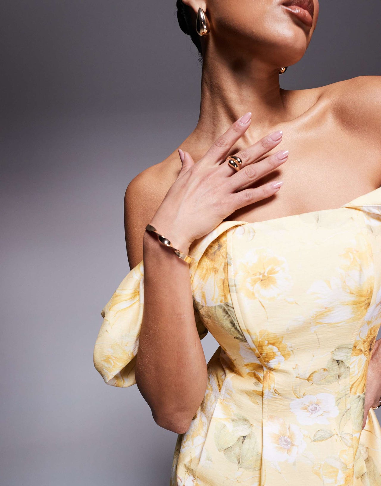 Ever New off shoulder mini dress in gold botanical print