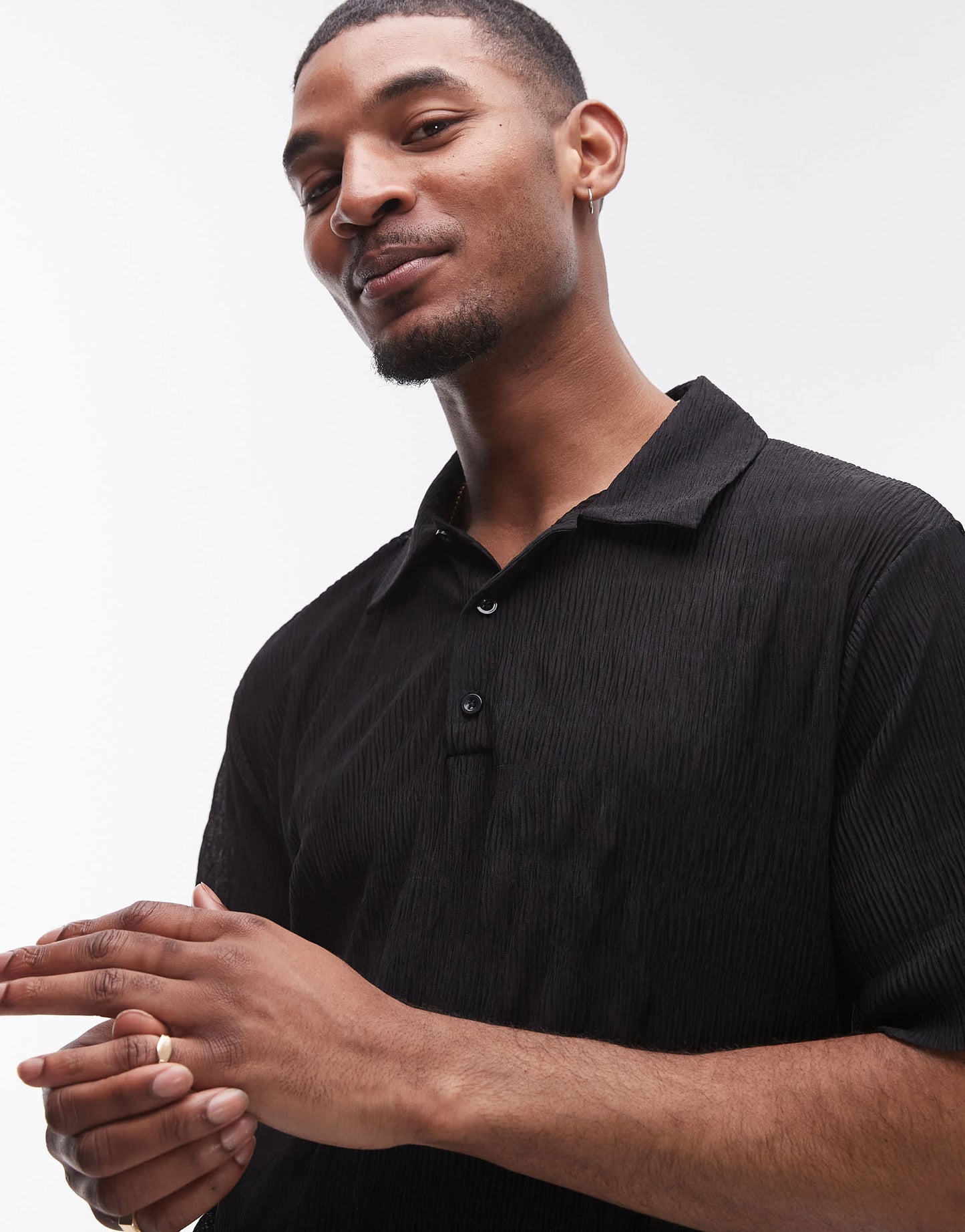 Topman relaxed fit plisse polo in black
