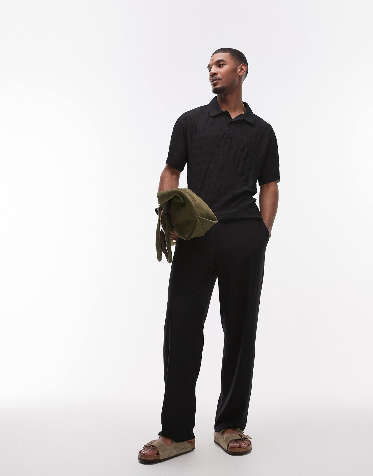 Topman relaxed fit plisse polo in black