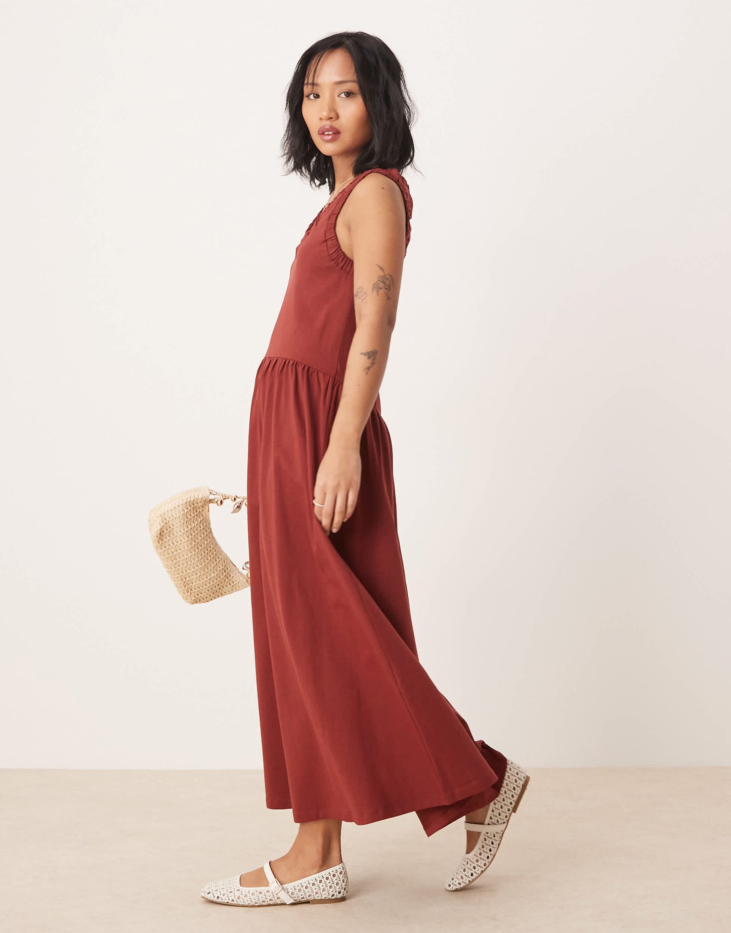 ASOS DESIGN Petite ruched scoop smock midi dress in rust