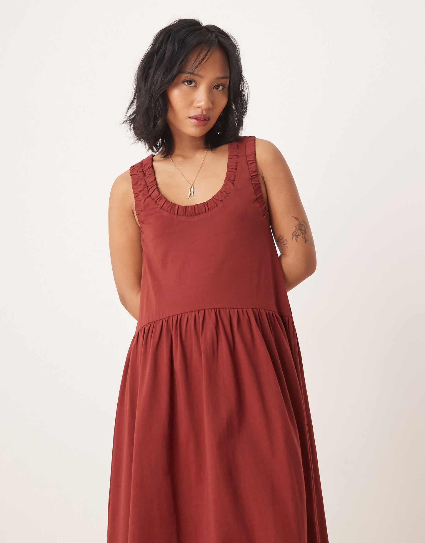 ASOS DESIGN Petite ruched scoop smock midi dress in rust