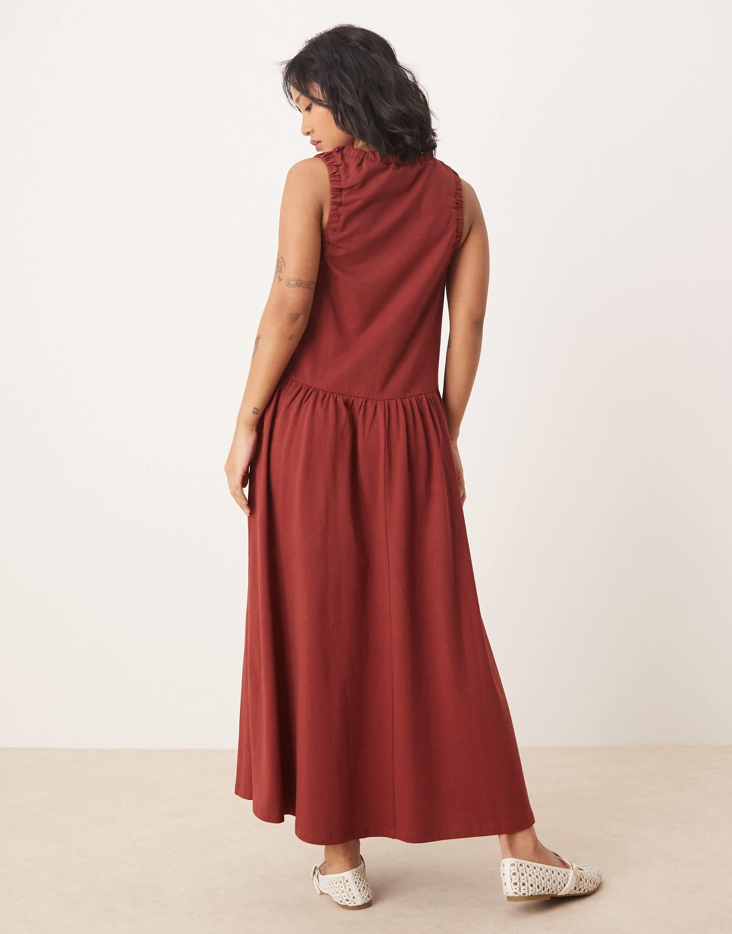 ASOS DESIGN Petite ruched scoop smock midi dress in rust