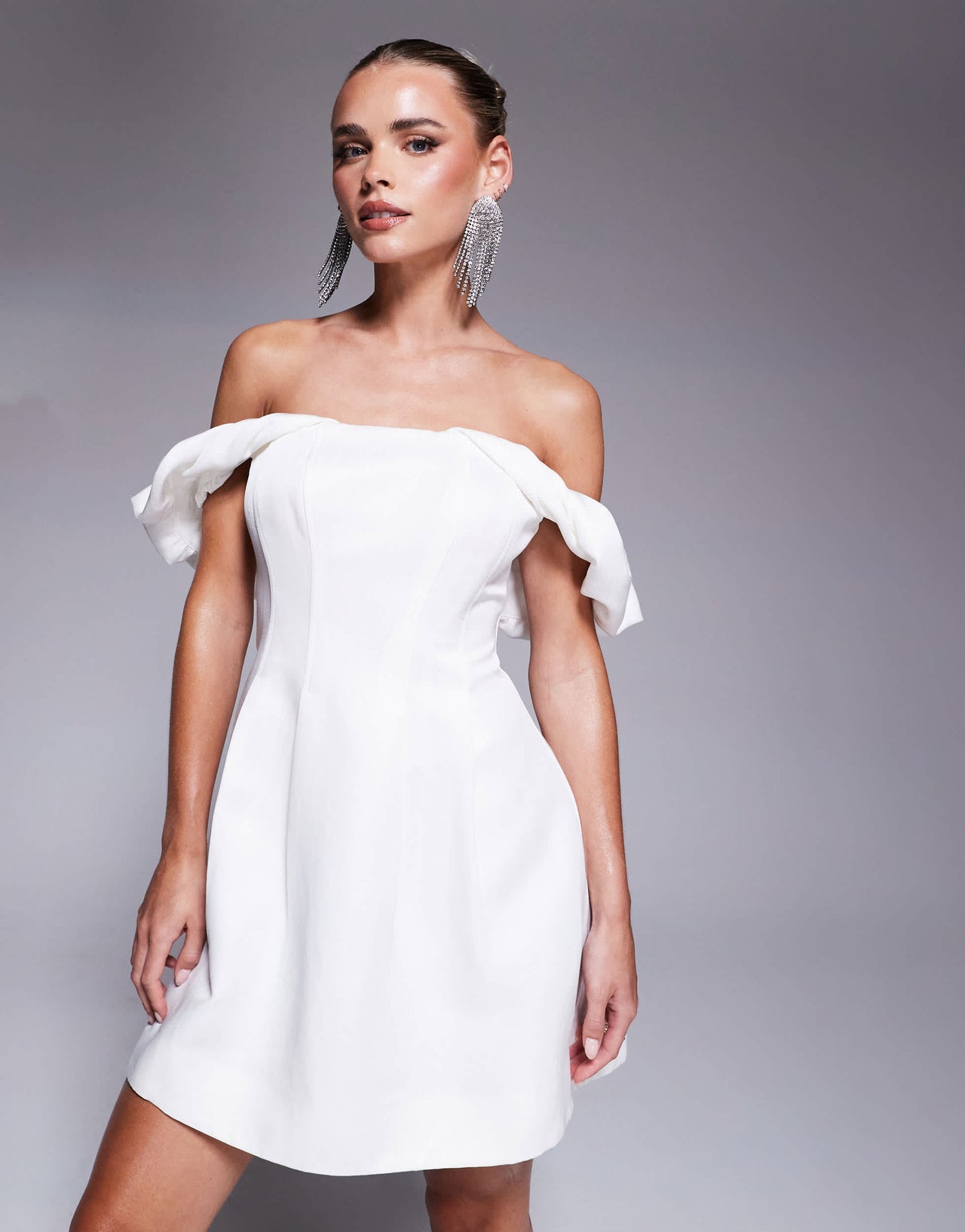 Ever New Petite off shoulder mini dress in porcelain