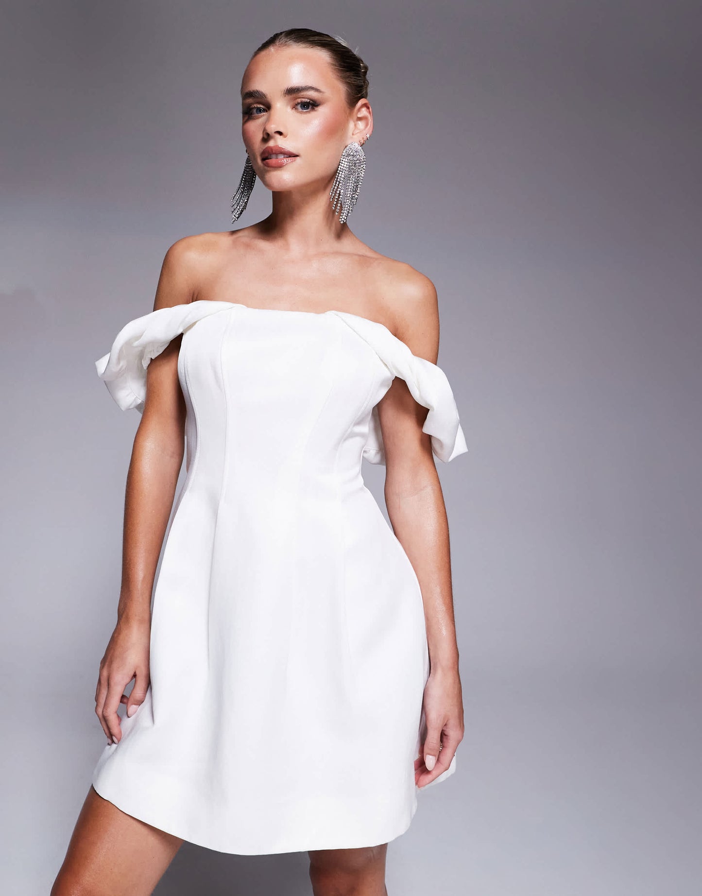 Ever New Petite off shoulder mini dress in porcelain