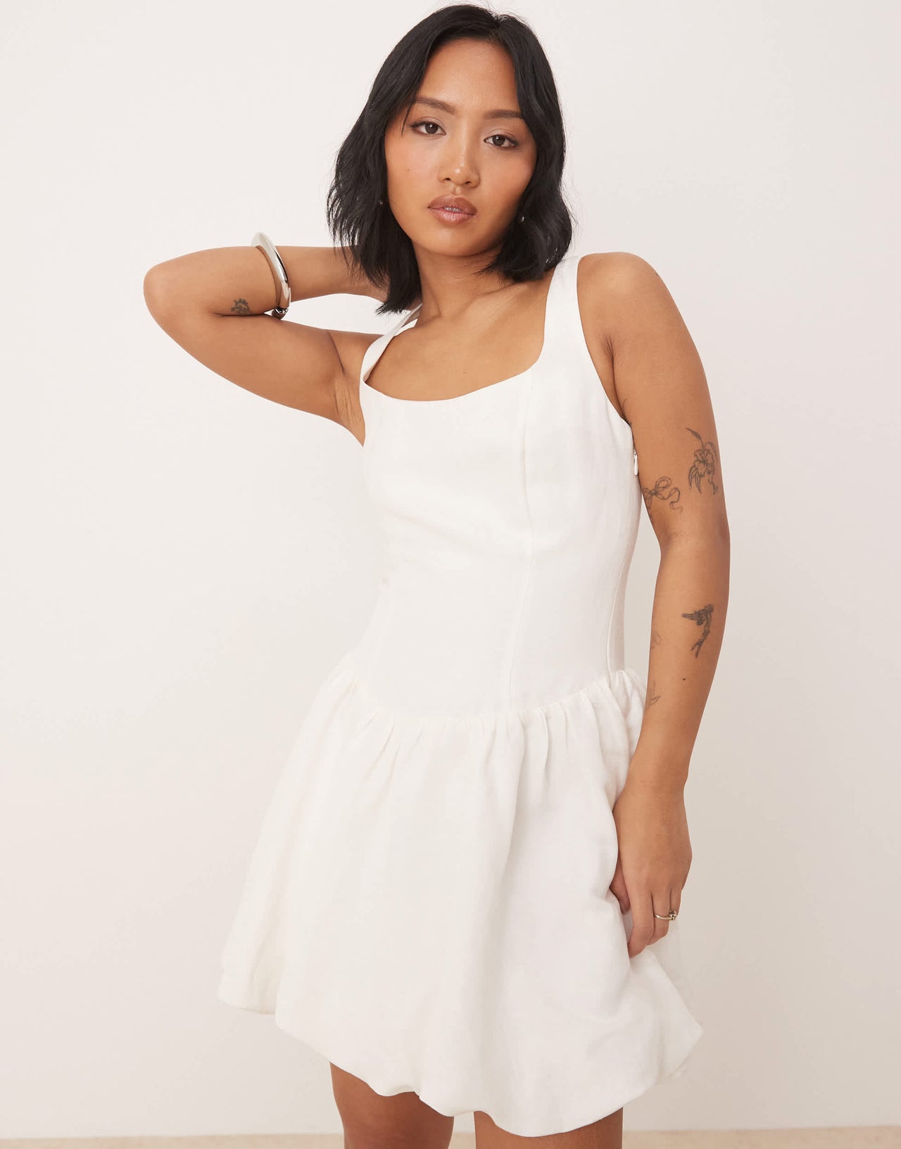 Ever New Petite square neck drop hem mini dress in white